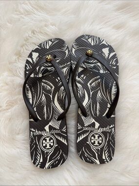 Tory Burch Brown & White Palm Print Logo Flip Flops
